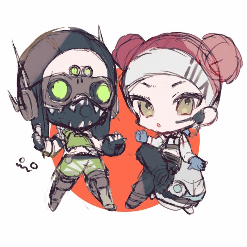 1boy, 1girl, alternate_skin_color, animification, apex_legends, black_gloves, black_headwear, black_pants