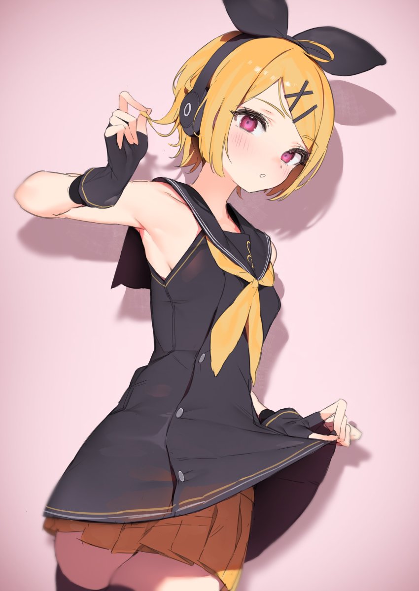 1girl, absurdres, black_dress, black_gloves, black_sailor_collar, black_thighhighs, blonde_hair, blush, breasts, clothes_lift, commentary, commentary_typo, dress, dress_lift, fingerless_gloves, gloves, hair_ornament, hairclip, headphones, highres, kagamine_rin, kagamine_rin_(sour_model), looking_at_viewer, neckerchief, parted_lips, pink_background, pleated_skirt, pomesaurus, red_eyes, sailor_collar, sailor_dress, shadow, simple_background, skindentation, skirt, skirt_under_dress, sleeveless, small_breasts, solo, sour_model_(mikumikudance), thighhighs, vocaloid, yellow_skirt