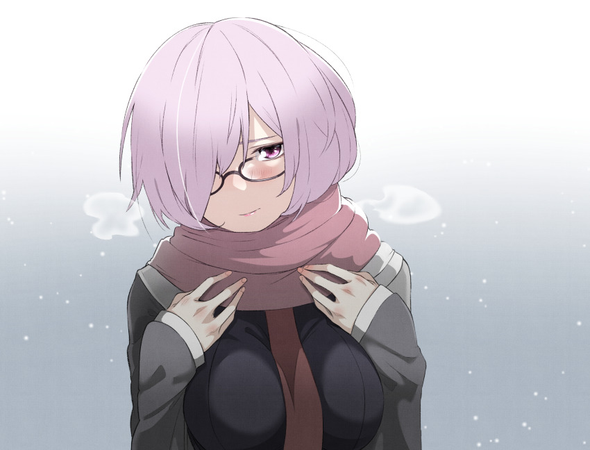 1girl, black-framed_eyewear, black_shirt, blue_background, blush, breasts, breath, eyebrows_hidden_by_hair