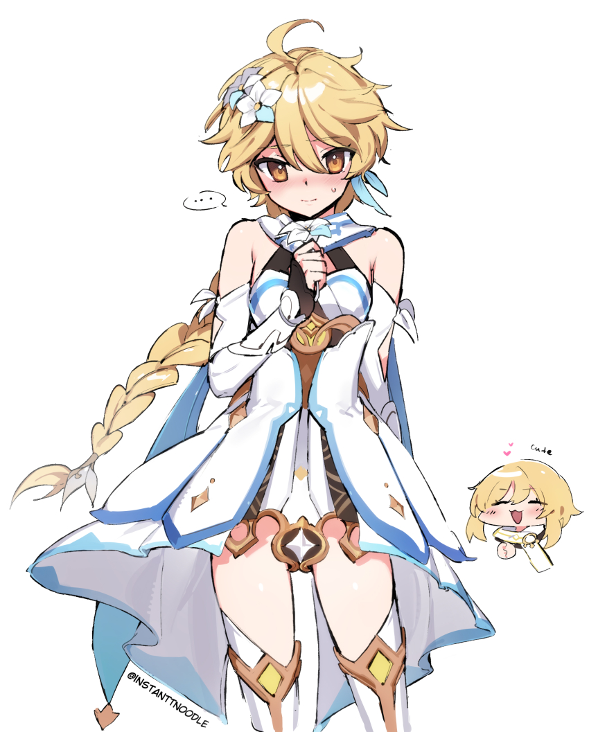 ..., 1boy, 1girl, absurdres, aether_(genshin_impact), aether_(genshin_impact)_(cosplay), ahoge, black_gloves, blonde_hair, blush, boots, braid, closed_eyes, closed_mouth, cosplay, crossdressing, detached_sleeves, dress, fingerless_gloves, flower, genshin_impact, gloves, hair_flower, hair_ornament, highres, instanttnoodle, long_hair, lumine_(genshin_impact), lumine_(genshin_impact)_(cosplay), orange_eyes, short_hair_with_long_locks, simple_background, single_braid, sweat, thigh_boots, thighhighs, trap, twitter_username, very_long_hair, white_background, white_dress, white_flower