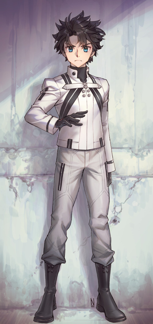 1boy, black_gloves, black_hair, blue_eyes, boots, closed_mouth, command_spell, decisive-battle_chaldea_uniform, fate/grand_order, fate_(series), fujimaru_ritsuka_(male), full_body, gloves, looking_at_viewer, na222222, official_alternate_costume, serious, short_hair, solo, standing, v-shaped_eyebrows