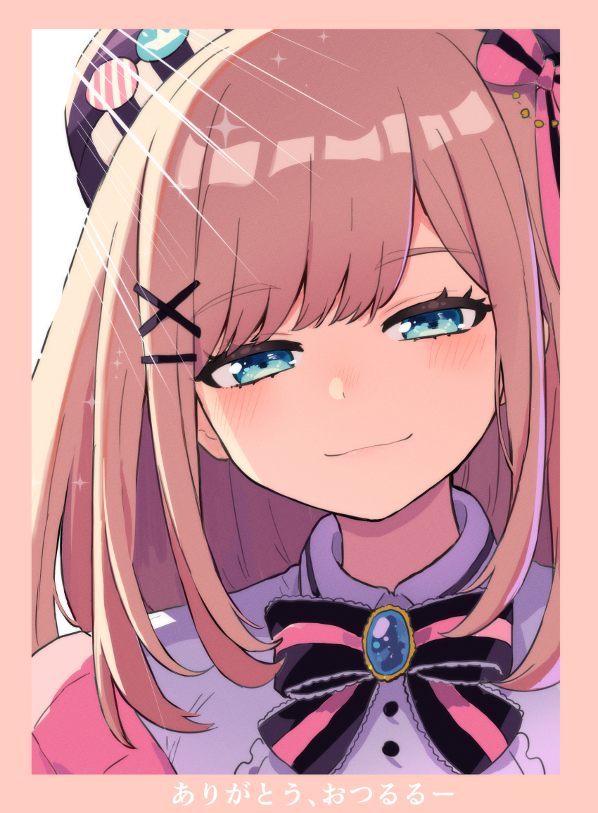 1girl, absurdres, blue_eyes, blush, brown_hair, commentary_request, hair_ornament, hairclip