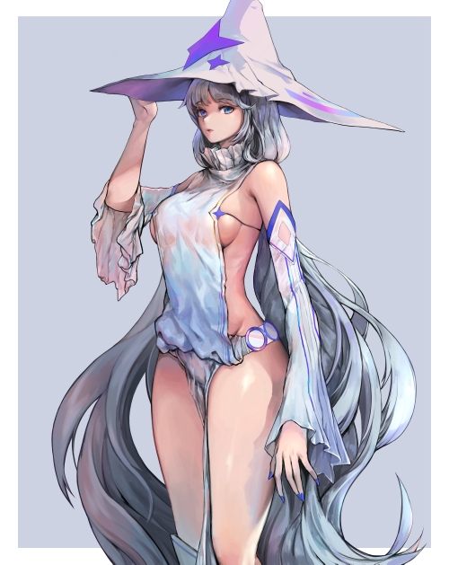 1girl, bak_bak, bare_shoulders, breasts, caca_(destiny_child), cacus_(destiny_child), closed_mouth, cosplay, destiny_child, detached_sleeves, grey_eyes, hat, large_breasts, long_hair, looking_at_viewer, nail_polish, naked_tabard, revealing_clothes, sideboob, silver_hair, solo, swept_bangs, tabard, very_long_hair, witch, witch_hat