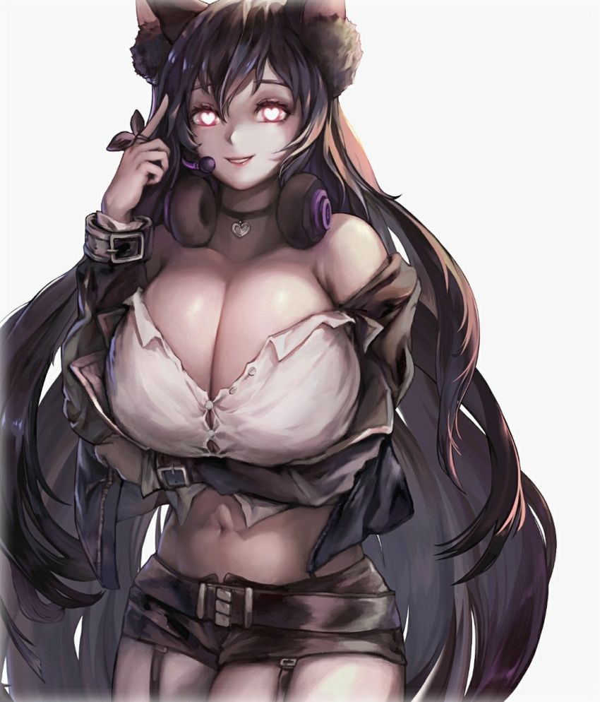 1girl, animal_ears, bak_bak, black_hair, blush, breast_hold, breasts, character_request