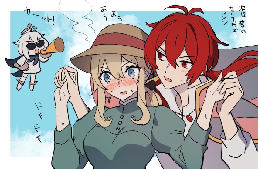 1boy, 2girls, antenna_hair, blonde_hair, blue_eyes, cosplay, cross, cross_earrings, diluc_(genshin_impact), dress, earrings, genshin_impact, green_dress, hair_between_eyes, halo, hat, hetero, holding_hands, howl_(howl_no_ugoku_shiro)_(cosplay), howl_no_ugoku_shiro, howl_(howl_no_ugoku_shiro), jean_(genshin_impact), jewelry, long_hair, multiple_girls, necklace, paimon_(genshin_impact), parody, ponytail, red_eyes, red_hair, rome_romedo, sophie_hatter_(cosplay), sophie_hatter_(howl_no_ugoku_shiro), sunglasses, sweat, translation_request, white_dress