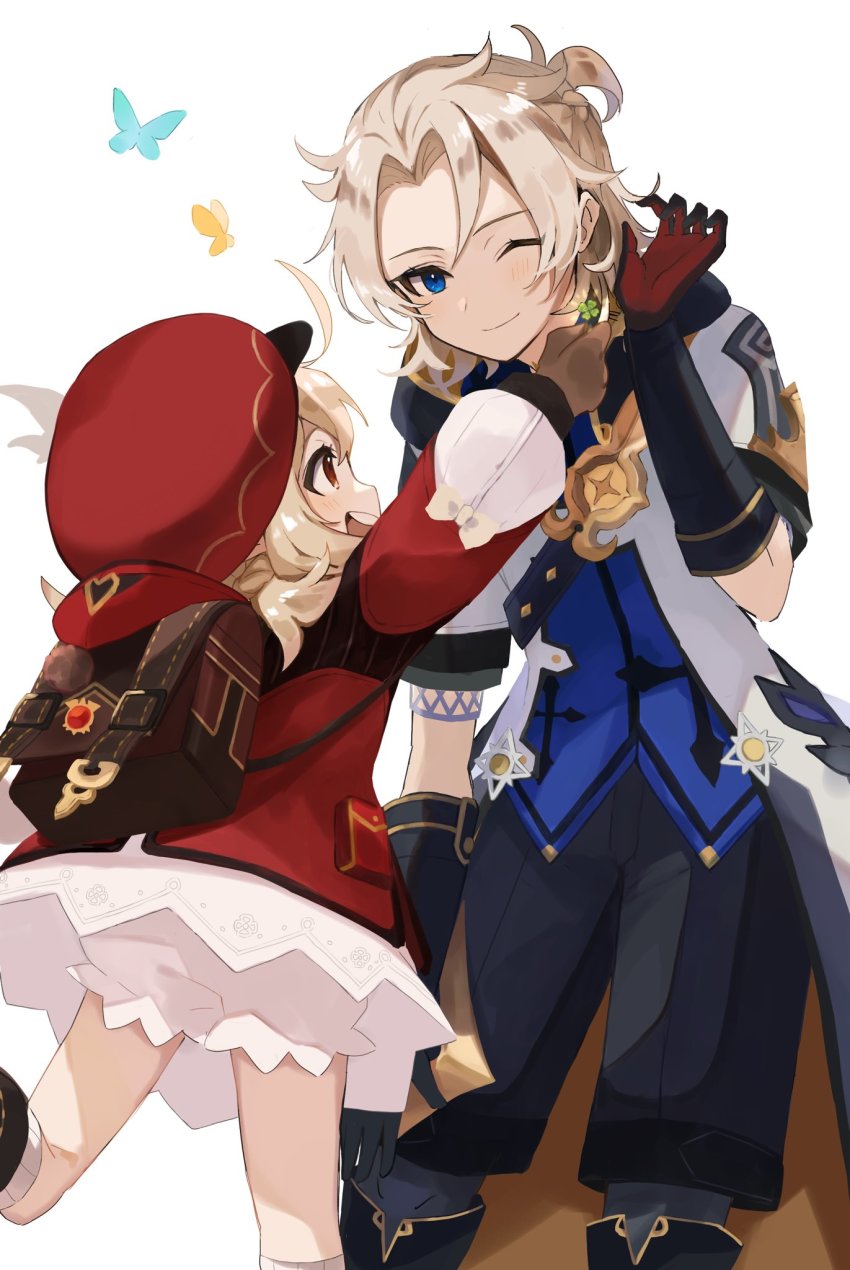 1boy, 1girl, albedo_(genshin_impact), backpack, bag, black_shorts, blonde_hair, bloomers