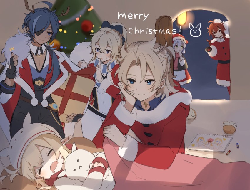 3boys, 3girls, albedo_(genshin_impact), alternate_costume, antenna_hair, bed, black_gloves, blanket, blonde_hair, blue_eyes, blue_hair, blush, box, child's_drawing, christmas, christmas_tree, closed_eyes, commentary_request, crayon, dark-skinned_male, dark_skin, diluc_(genshin_impact), dress, drooling, eyepatch, finger_to_mouth, fingerless_gloves, genshin_impact, gift, gift_box, gloves, hat, highres, holding, jacket, jean_(genshin_impact), kaeya_(genshin_impact), klee_(genshin_impact), kuragegeso, long_hair, merry_christmas, mouth_drool, multicolored_hair, multiple_boys, multiple_girls, noelle_(genshin_impact), open_mouth, pointy_ears, pom_pom_(clothes), ponytail, red_eyes, red_hair, sack, scarf, sketchbook, sleeping, smile, streaked_hair, sweat, thumbs_up