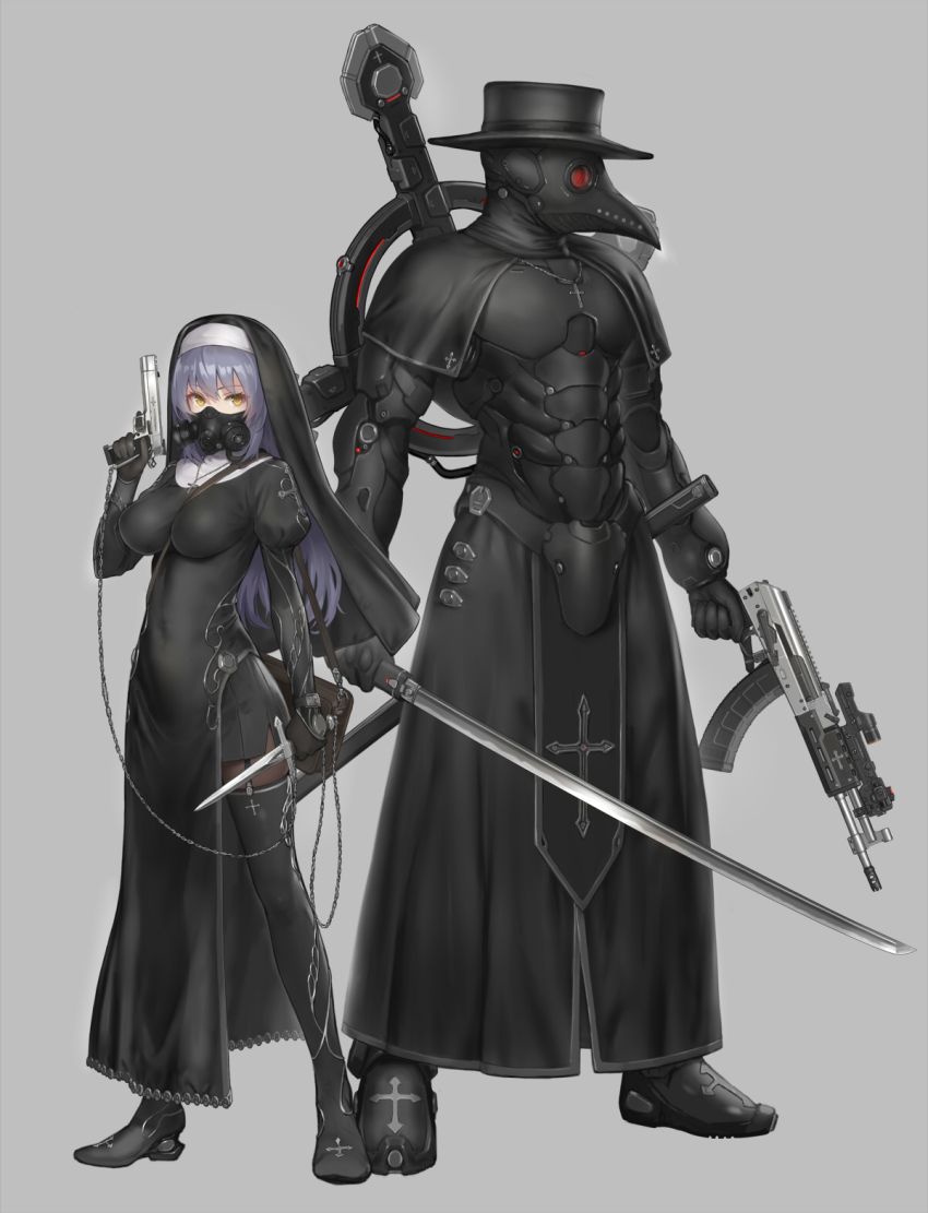 1boy, 1girl, armor, assault_rifle, bag, black_dress, black_footwear, black_gloves