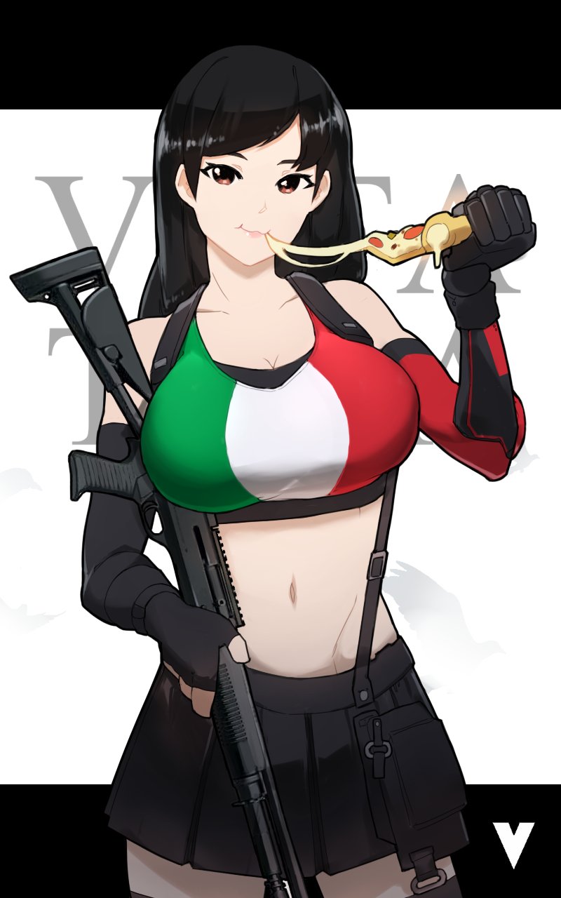 1girl, asymmetrical_gloves, bare_shoulders, benelli_armi_spa, benelli_m4_super_90, black_gloves, black_hair, black_skirt
