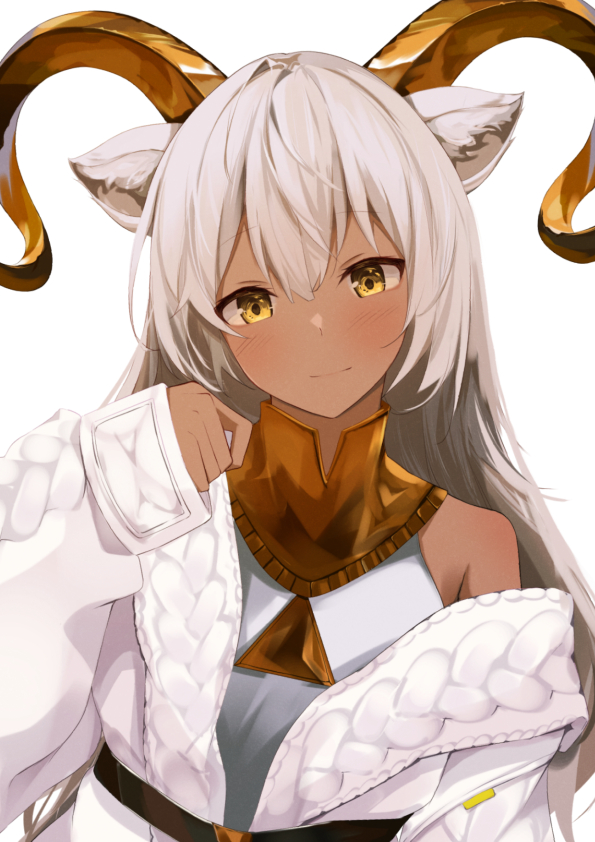 1girl, animal_ear_fluff, animal_ears, aratake, arknights, bare_shoulders, beeswax_(arknights), beeswax_(weisser_sand)_(arknights)