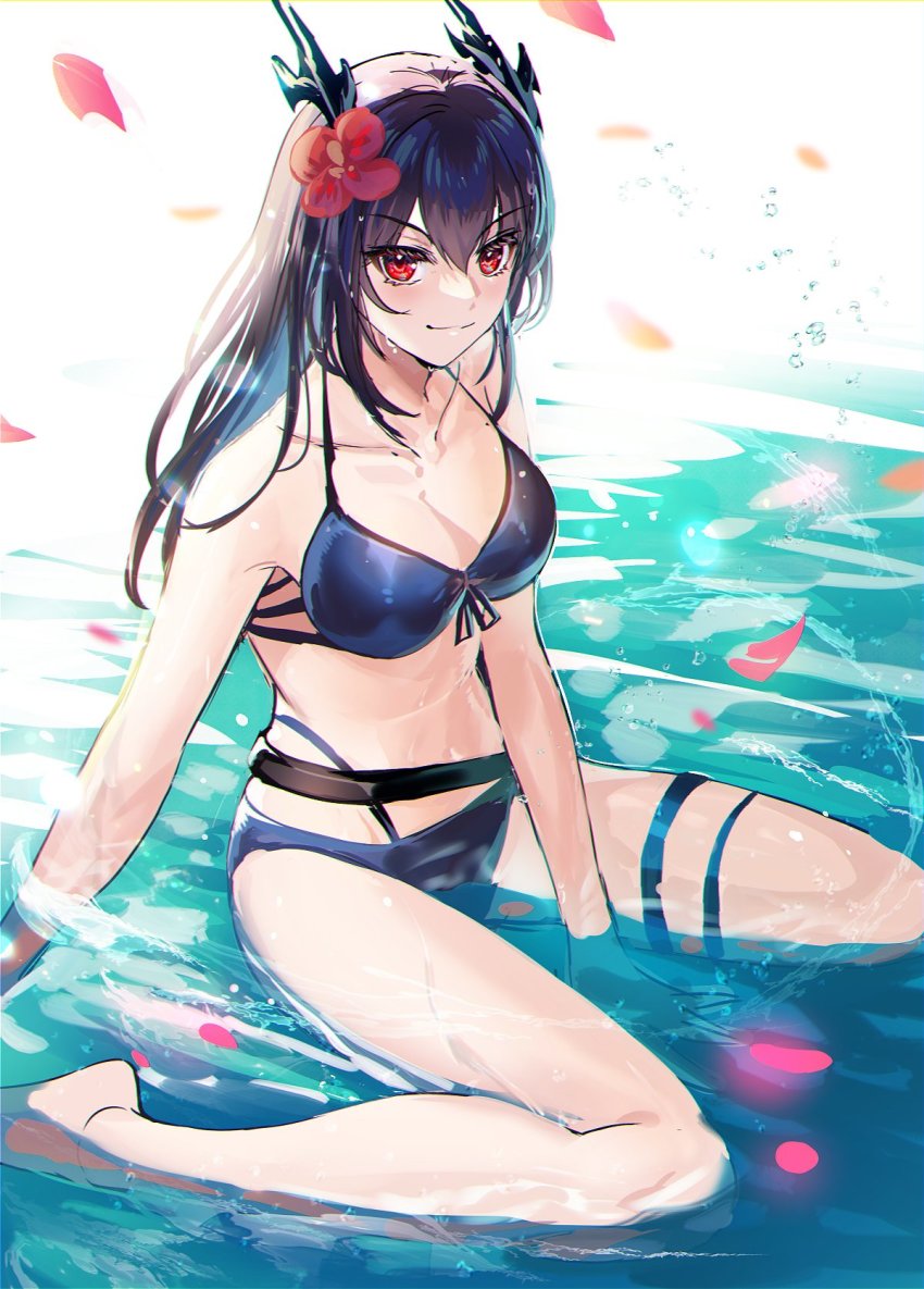 1girl, arknights, bare_arms, bare_legs, bare_shoulders, barefoot, belt, bikini