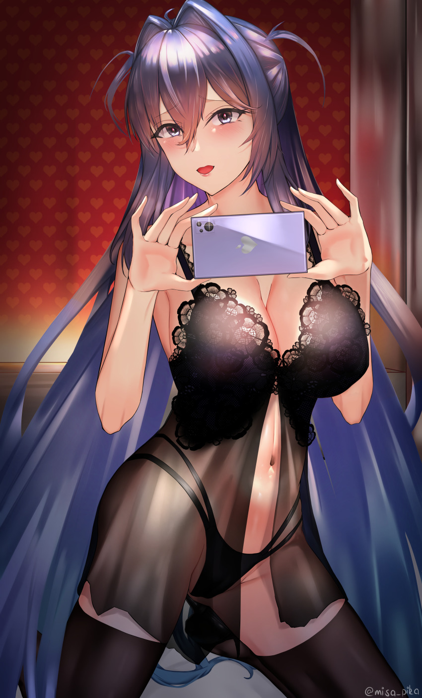 1girl, absurdres, azur_lane, babydoll, bed, black_panties, black_thighhighs, blue_eyes, blue_hair, breasts, cellphone, cleavage, female_pov, hair_intakes, highres, holding, holding_phone, lingerie, mirror, mirror_selfie, misa_pika, negligee, new_jersey_(azur_lane), nightgown, panties, phone, pov, see-through_clothes, selfie, sitting, smartphone, solo, taking_picture, thighhighs, underwear, underwear_only
