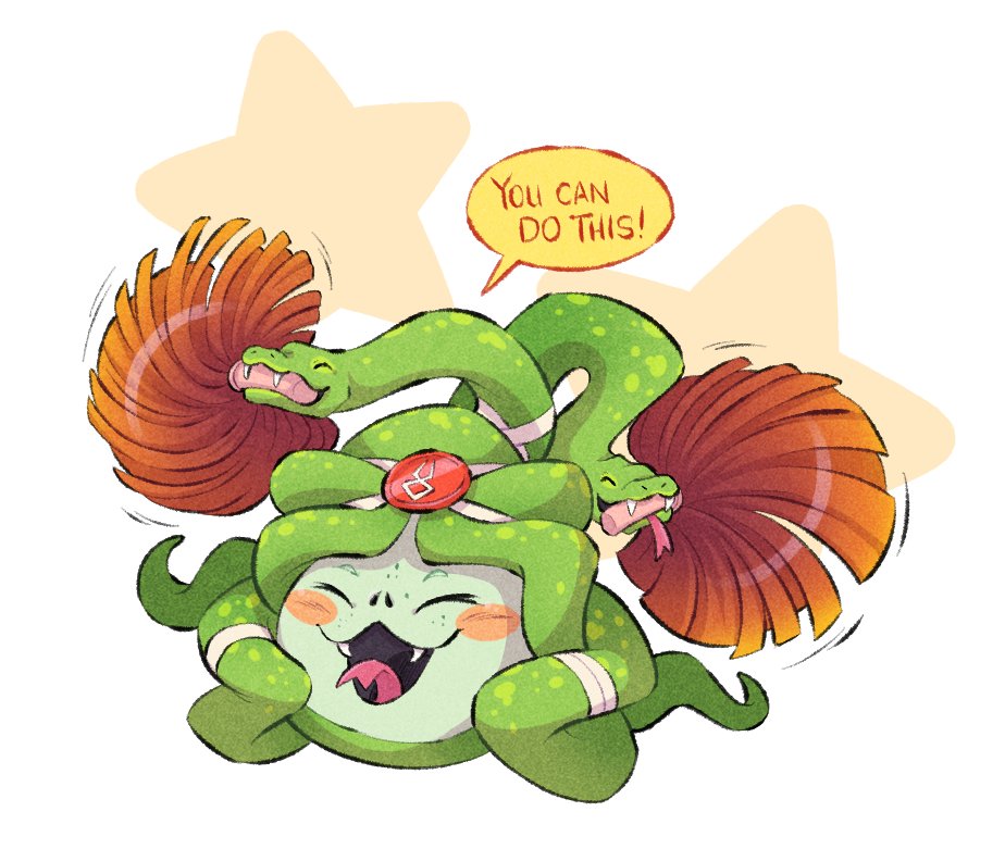 1girl, ^_^, blush_stickers, closed_eyes, colored_skin, commentary, dusa_(hades), english_commentary, english_text, fangs, forked_tongue, green_skin, hades_(series), hades_1, jamie_loughran, open_mouth, pom_pom_(cheerleading), smile, snake_hair, star_(symbol), tongue, tongue_out