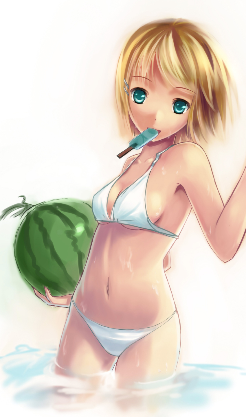 1girl, absurdres, bikini, blonde_hair, breasts, female_focus, food, fruit, green_eyes, highres, holding, holding_food, holding_fruit, kagamine_rin, lino-lin, mouth_hold, popsicle, short_hair, sideboob, solo, swimsuit, underboob, vocaloid, wading, water, watermelon, white_bikini