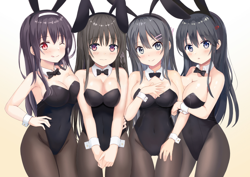 4girls, absurdres, animal_ears, black_bow, black_bowtie, black_hair, black_leotard, black_pantyhose, blue_eyes, bow, bowtie, commentary_request, commission, cowboy_shot, crossover, detached_collar, hair_ornament, hairclip, highres, horikita_suzune, hoshimi_tooni, kasumigaoka_utaha, leotard, long_hair, looking_at_viewer, multiple_crossover, multiple_girls, ore_wo_suki_nano_wa_omae_dake_ka_yo, pantyhose, pixiv_commission, playboy_bunny, purple_eyes, rabbit_ears, red_eyes, saenai_heroine_no_sodatekata, sakurajima_mai, sanshokuin_sumireko, seishun_buta_yarou, standing, strapless, strapless_leotard, wrist_cuffs, youkoso_jitsuryoku_shijou_shugi_no_kyoushitsu_e