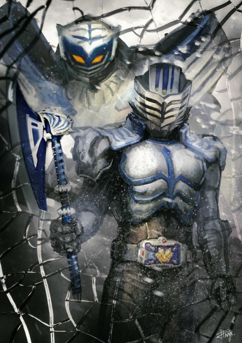 1boy, advent_deck, armor, axe, black_bodysuit, bodysuit, broken_glass, broken_mirror, chinese_zodiac, contract_monster, destwilder, glass, highres, holding, holding_weapon, kamen_rider, kamen_rider_ryuki_(series), kamen_rider_tiger, mirror, monster, tiger_stripes, v_buckle, weapon, year_of_the_tiger, yellow_eyes, yygnzm