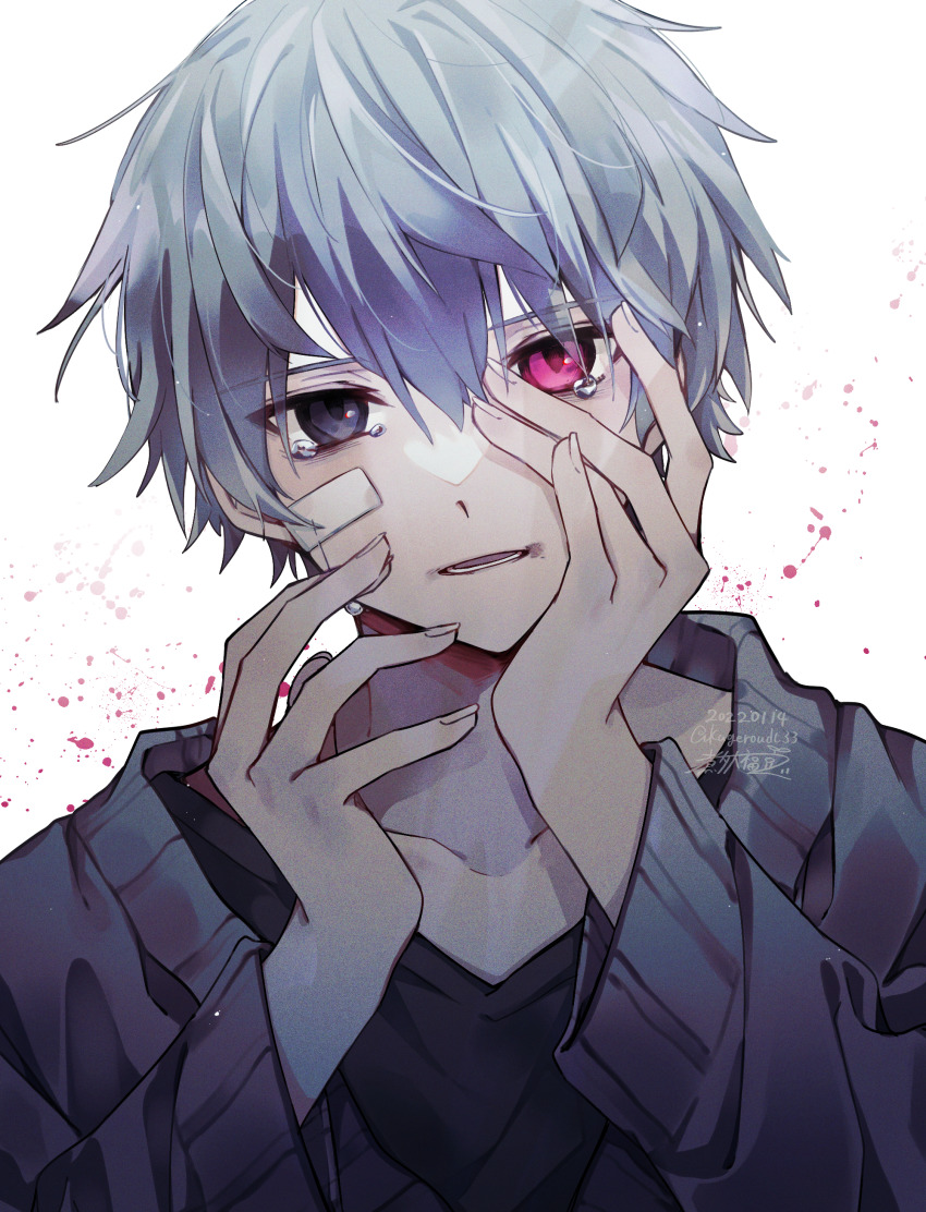 1boy, absurdres, bandaid, bandaid_on_face, black_eyes, daifuku_mame_(kageroudt33), grey_hair, head_rest