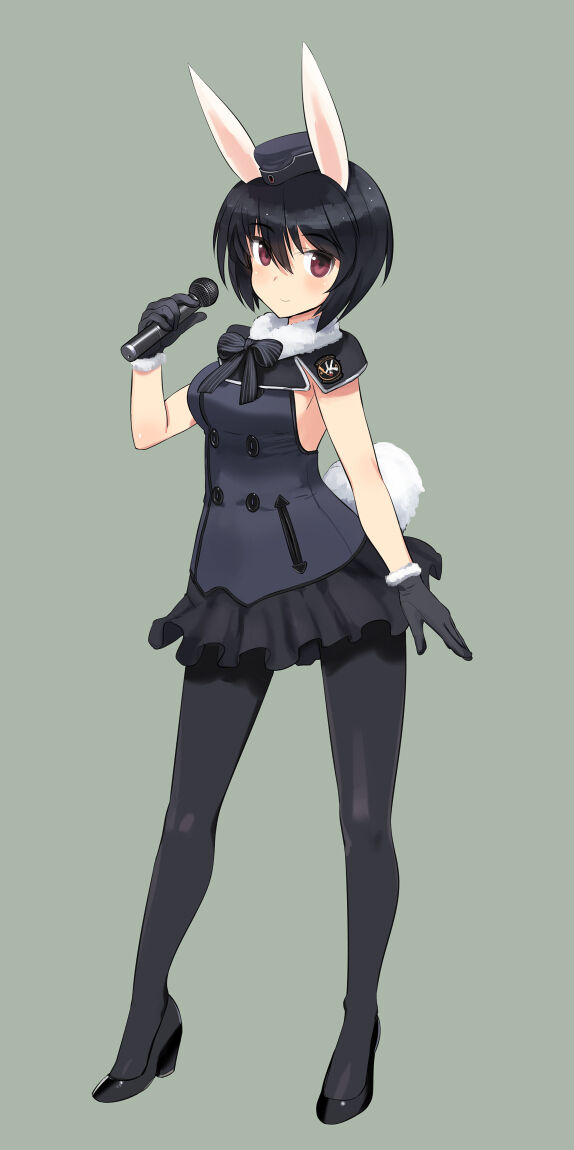 1girl, 502nd_joint_fighter_wing_(emblem), animal_ears, black_gloves, black_hair, black_pantyhose, black_shoes, brave_witches, closed_mouth, dress, garrison_cap, gloves, hat, idol, mary_janes, microphone, pantyhose, rabbit_ears, rabbit_girl, rabbit_tail, red_eyes, shimada_fumikane, shimohara_sadako, shoes, simple_background, sleeveless, sleeveless_dress, solo, tail, world_witches_series