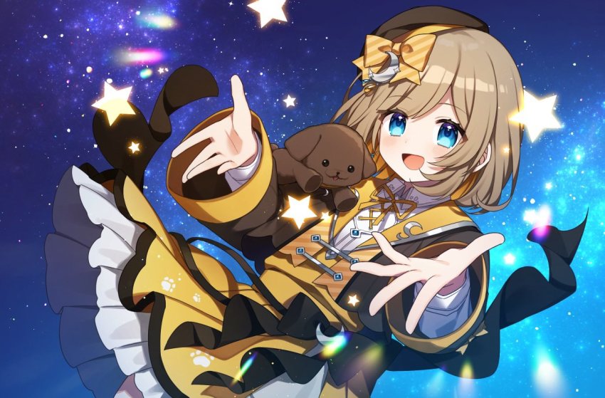 1girl, amazaki_umu, baby_animal, blue_eyes, blush, brown_hair, dog, hat