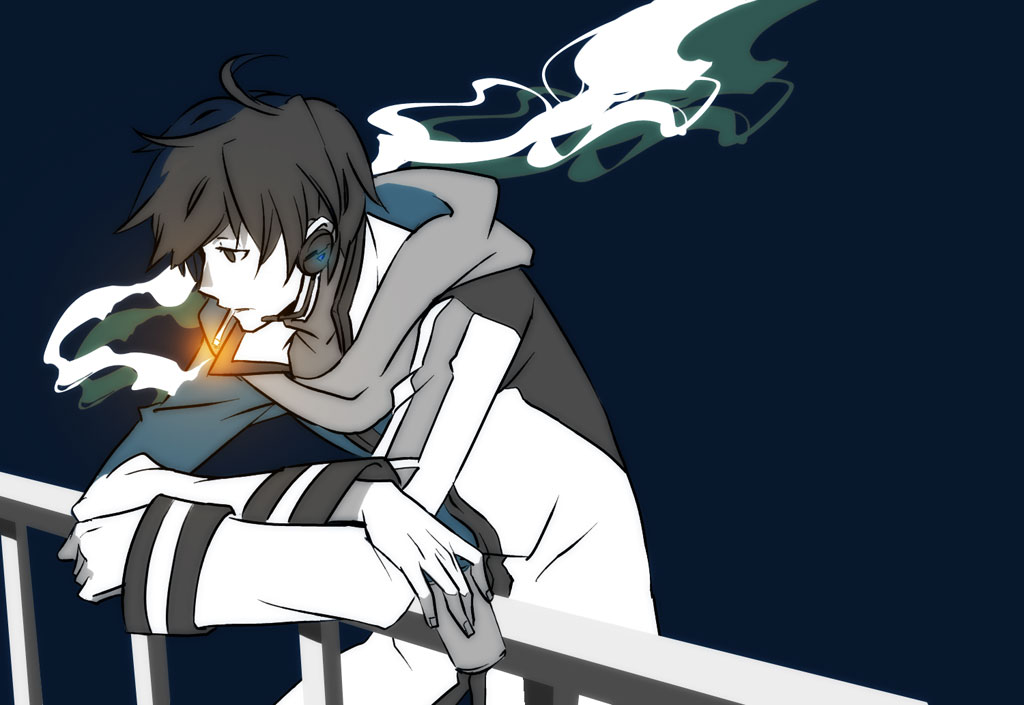 1boy, blue_theme, can, cigarette, flat_color, headphones, headset, kaito_(vocaloid)