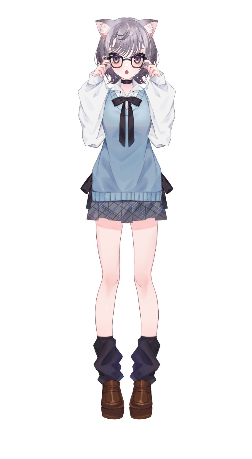 1girl, :o, absurdres, animal_ear_fluff, animal_ears, black_bow, black_choker, blue_vest