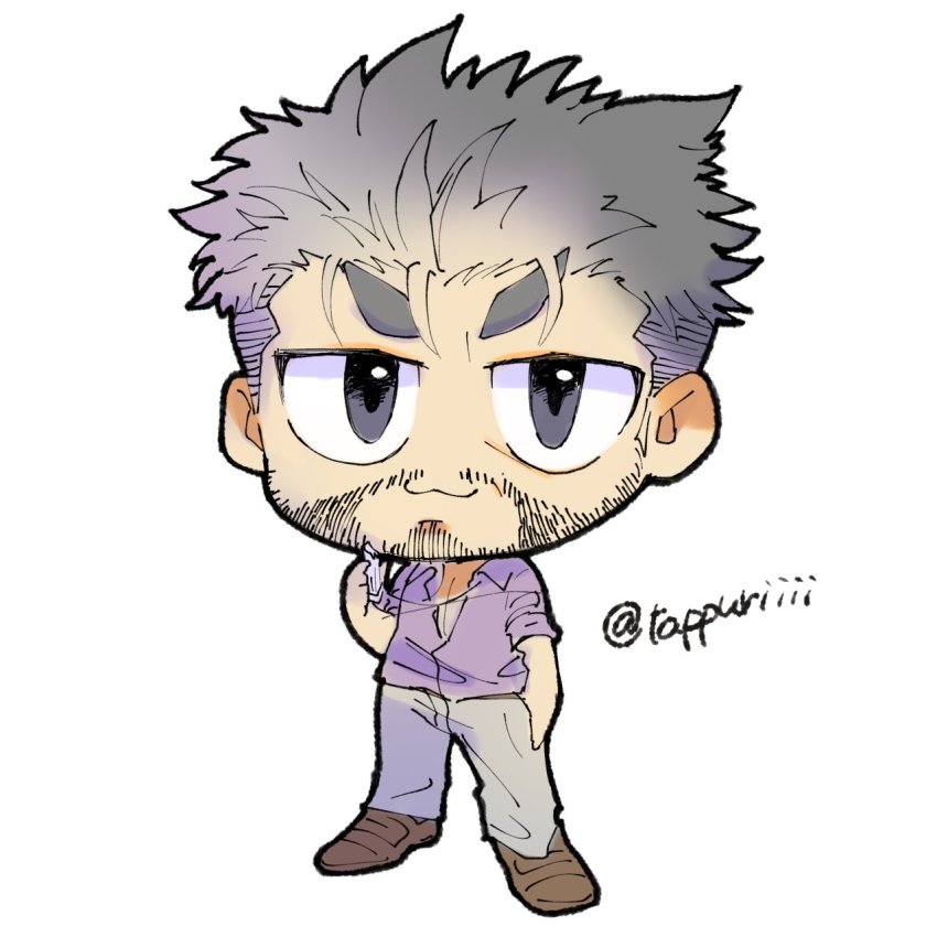 1boy, :3, beard, beard_stubble, black_eyes, black_hair, chaba_ga_oishii, dagon_(housamo), facial_hair, highres, male_focus, mature_male, pectorals, purple_shirt, shirt, simple_background, solo, stubble, tentacles, tokyo_houkago_summoners, twitter_username, white_background