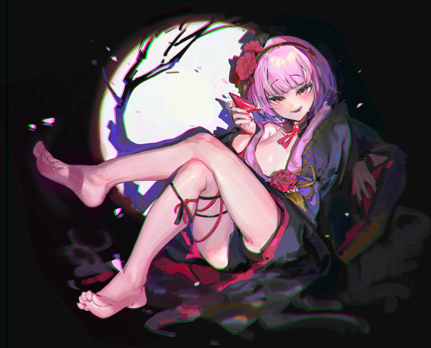 1girl, absurdres, bare_arms, barefoot, black_kimono, blush, breasts, chromatic_aberration