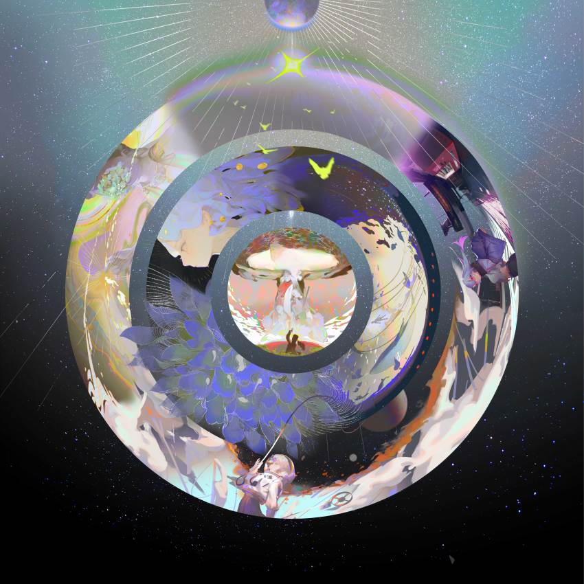 1other, 3girls, absurdres, ambiguous_gender, artist_self-reference, black_skirt, blue_eyes, blue_flower