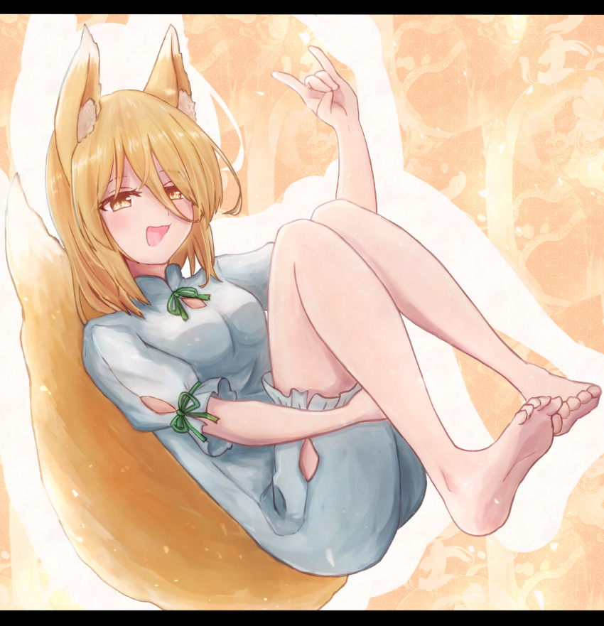1girl, absurdres, animal_ears, barefoot, blonde_hair, brown_eyes, finger_touching, fox_ears, fox_girl, fox_shadow_puppet, fox_tail, frilled_sleeves, frills, green_ribbon, highres, kudamaki_tsukasa, letterboxed, mandarin_collar, open_mouth, puffy_short_sleeves, puffy_sleeves, ribbon, romper, shinyafuru, short_hair, short_sleeves, smile, soles, tail, toes, touhou, white_romper