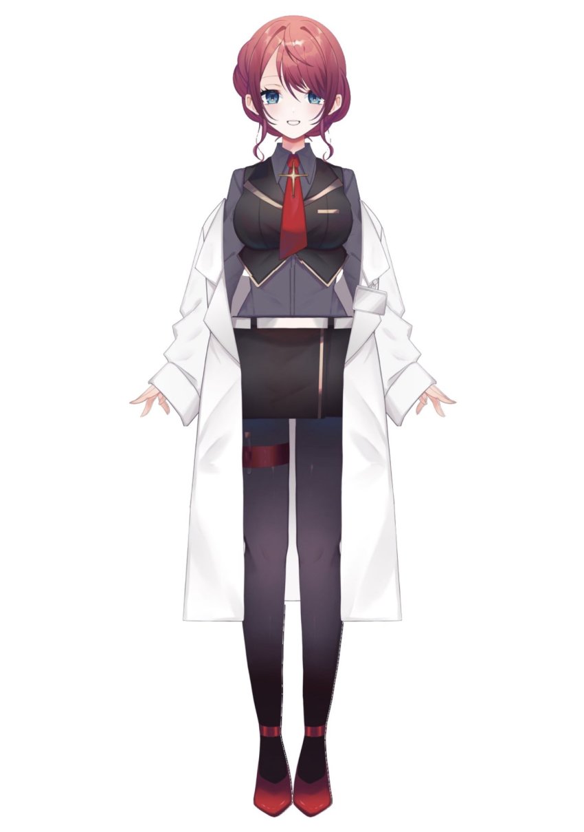 1girl, black_skirt, black_vest, blue_eyes, breasts, collared_shirt, grey_shirt, hair_behind_ear