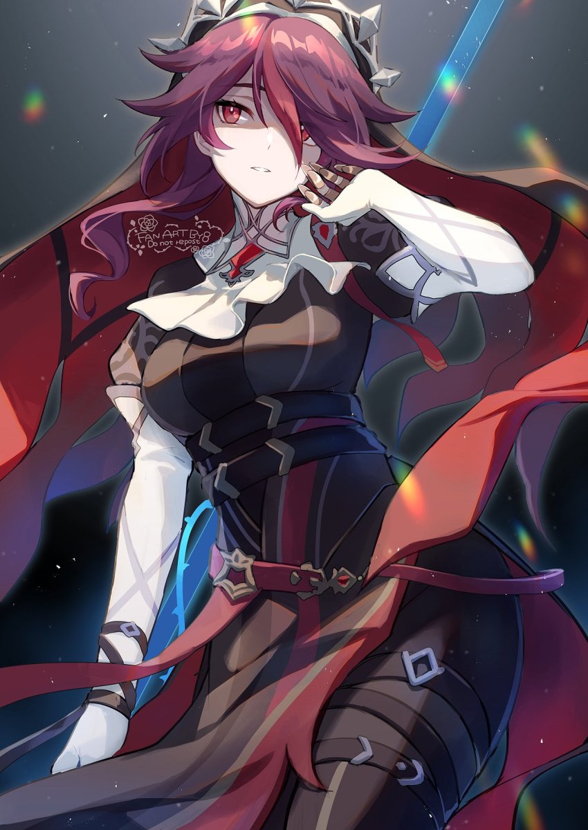 1girl, 8_(e_uu88), arm_up, bare_shoulders, belt, breasts, brown_belt, buckle, claws, commentary_request, detached_sleeves, dress, elbow_gloves, expressionless, eyelashes, feet_out_of_frame, fishnet_pantyhose, fishnets, flower, genshin_impact, gloves, habit, hair_over_one_eye, highres, large_breasts, looking_at_viewer, multicolored_headwear, nun, nun_headdress, official_alternate_costume, pale_skin, pantyhose, parted_lips, purple_hair, purple_pantyhose, rosaria_(genshin_impact), rosaria_(to_the_church's_free_spirit)_(genshin_impact), rose, sidelocks, solo, standing, thigh_strap, two-tone_dress, white_gloves