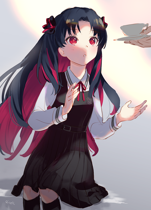 1girl, aged_down, artist_name, black_bow, black_dress, black_hair, black_socks, bow