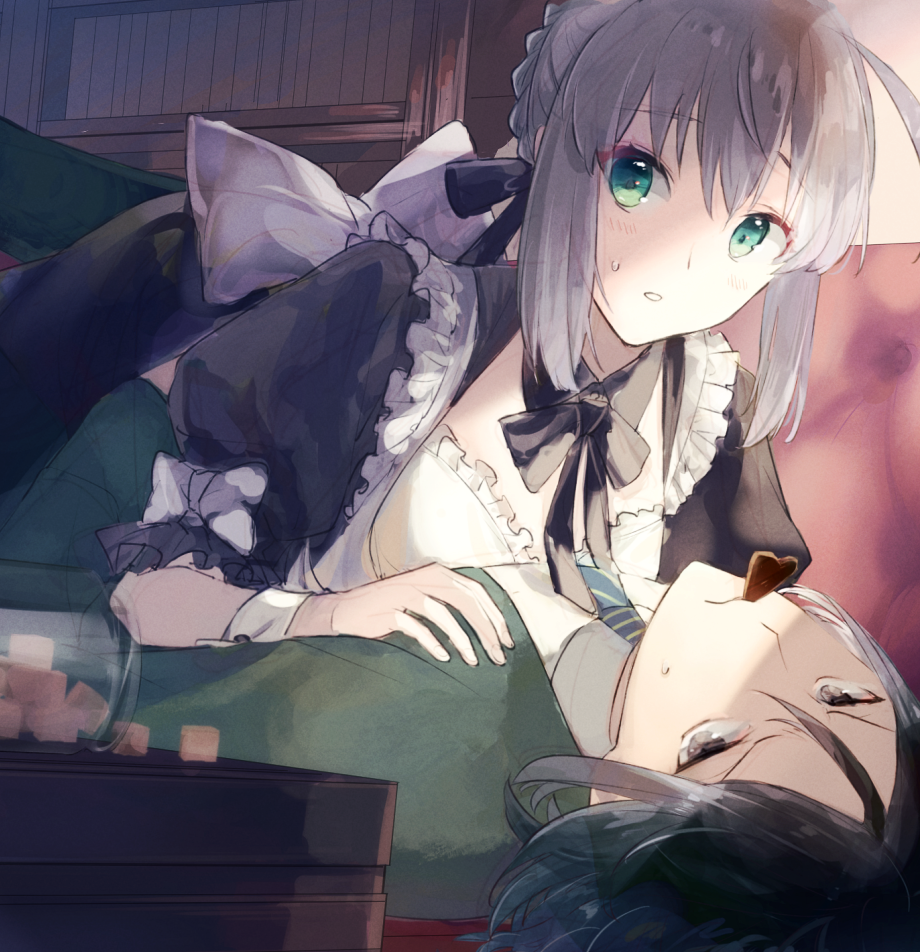 1boy, 1girl, ahoge, alternate_costume, back_bow, black_hair, black_ribbon, black_skirt