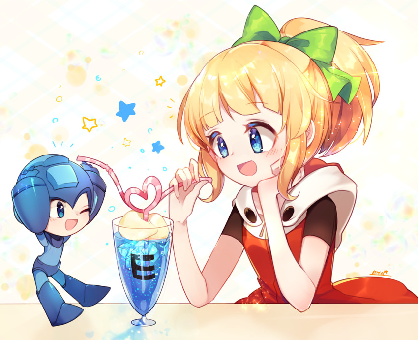 1boy, 1girl, aya_(aya_op10s), hand_on_own_chin, mega_man_(classic), mega_man_(series), ponytail, tagme