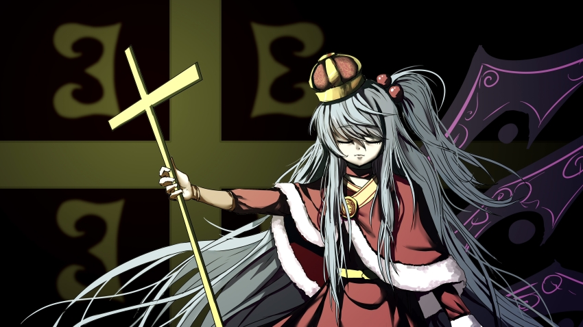 1girl, absurdres, adapted_costume, bloody_cuke, byzantine_empire, capelet, closed_eyes, commentary_request, cross, crown, dress, eyelashes, fluff, fur_capelet, gloves, grey_hair, hair_bobbles, hair_ornament, highres, holding, holding_cross, long_hair, long_sleeves, mini_crown, oversized_object, red_capelet, red_dress, shinki_(touhou), side_ponytail, sidelocks, touhou, touhou_(pc-98), very_long_hair, white_gloves