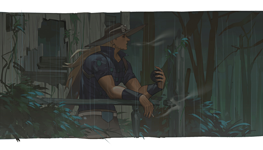 1boy, blowing_smoke, cape, cigarette, gyro_zeppeli, hat, highres, holding