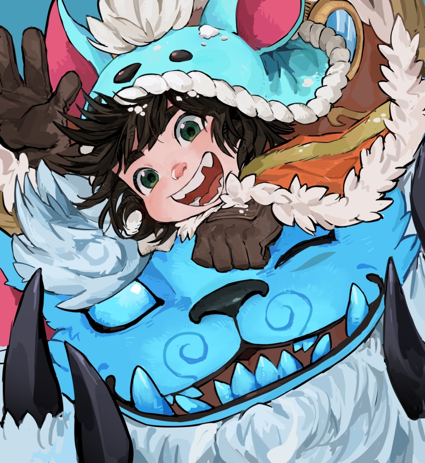 1boy, beard, blue_eyes, blue_skin, brown_eyes, brown_gloves, brown_hair, cape, claws, colored_skin, facial_hair, fur-trimmed_cape, fur_trim, ghostgrass, gloves, hand_up, highres, league_of_legends, looking_at_viewer, nunu_(league_of_legends), on_head, one_eye_closed, open_mouth, orange_cape, short_hair, smile, snow, teeth, willump, yetigame