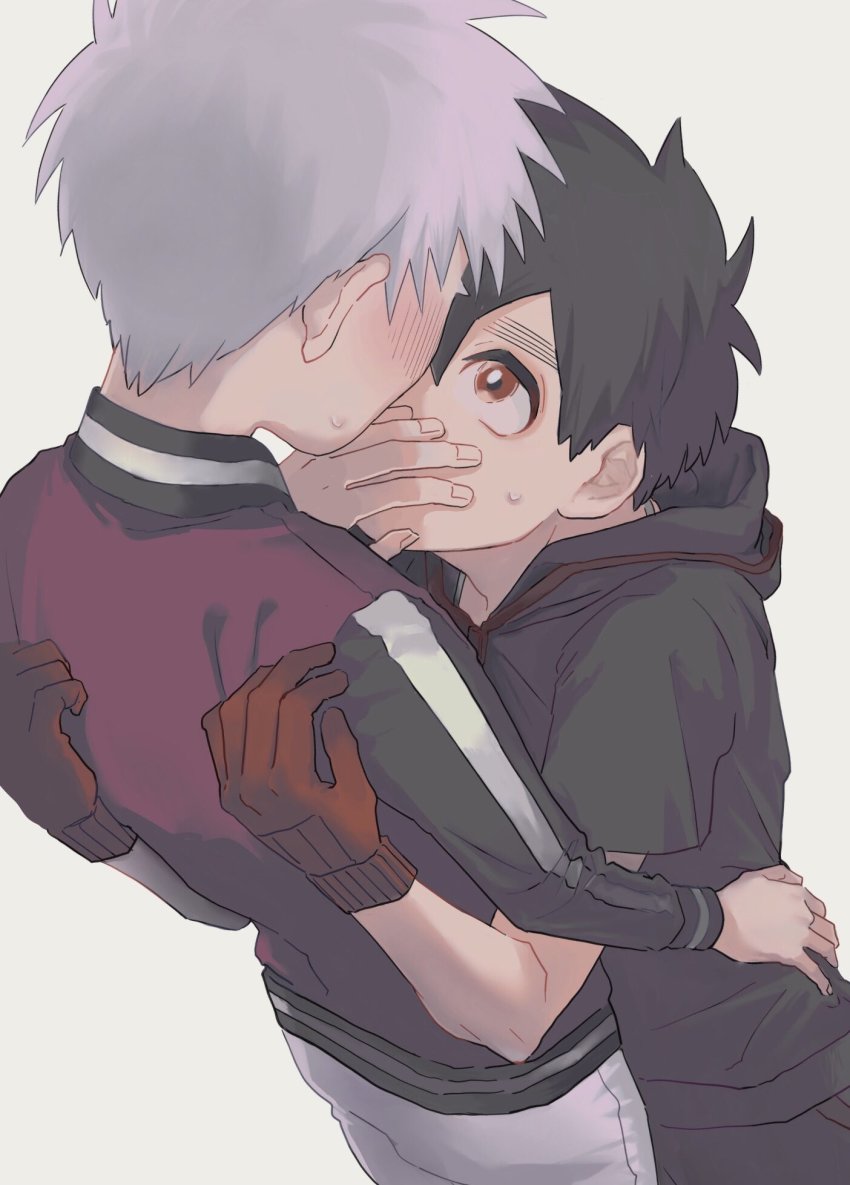 1boy, 2boys, artist_request, black_hair, brown_eyes, child, commentary_request, covering_own_mouth