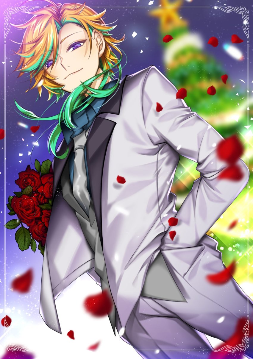 1boy, amagase_laito, black_shirt, blue_sweater, collared_shirt, green_hair, grey_jacket, grey_necktie, grey_pants, grey_vest, hand_in_pocket, highres, indie_virtual_youtuber, jacket, male_focus, mozuwaka, multicolored_hair, necktie, orange_hair, pants, purple_eyes, second-party_source, shirt, smile, solo, streaked_hair, sweater, vest, virtual_youtuber