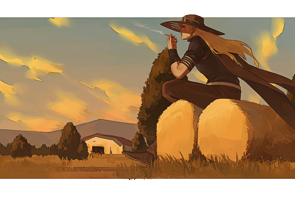 1boy, barn, blonde_hair, blue_lips, bracer, cape, cigarette, gyro_zeppeli