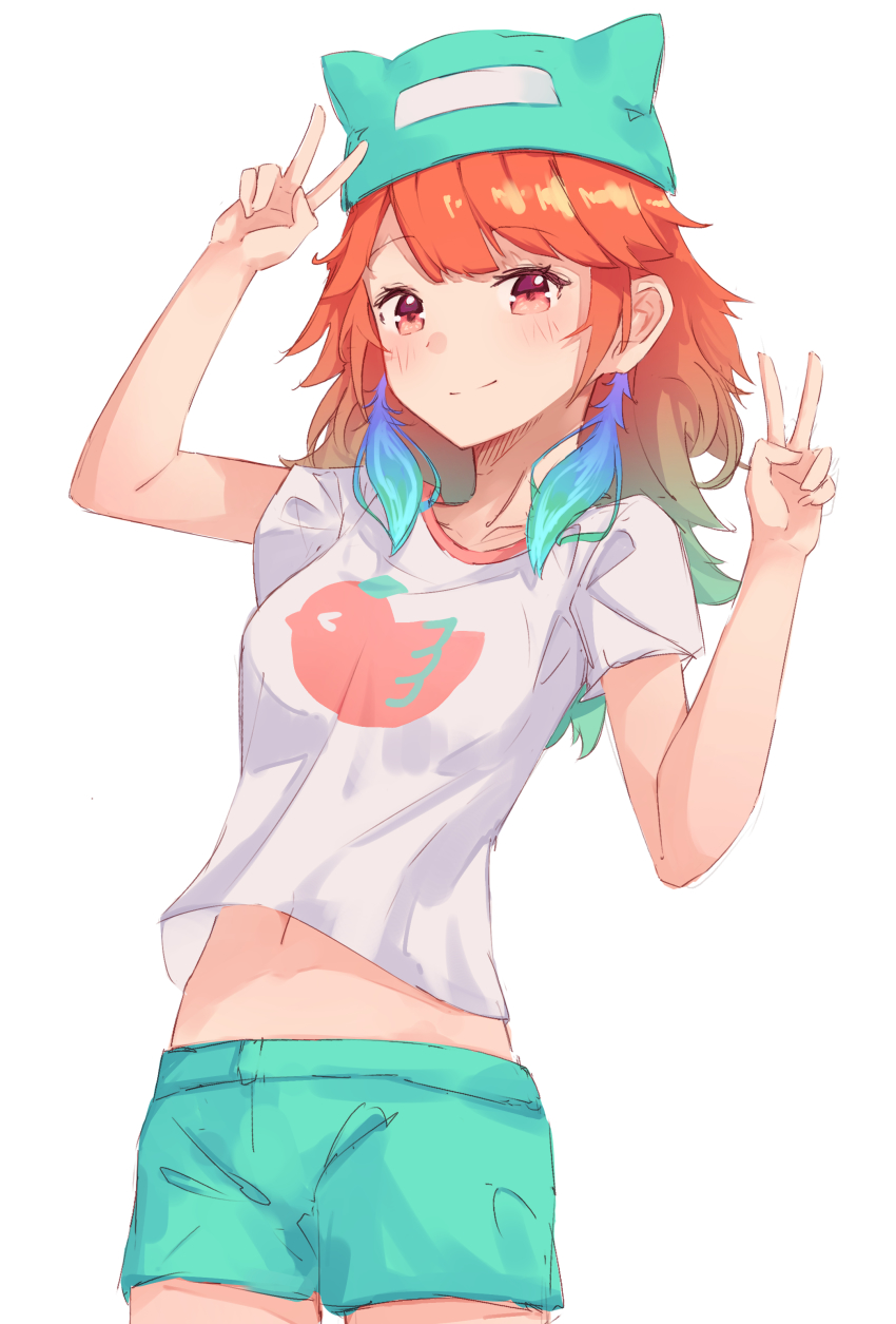 1girl, absurdres, blue_hair, breasts, cat_ear_hat, closed_mouth, collarbone, commentary, cowboy_shot, double_v, gradient_hair, green_shorts, hat, highres, hololive, hololive_english, long_hair, looking_at_viewer, medium_breasts, midriff, multicolored_hair, navel, orange_hair, red_eyes, shironekokfp, shirt, shorts, sidelocks, simple_background, smile, solo, standing, swept_bangs, takanashi_kiara, v, virtual_youtuber, white_background, white_shirt