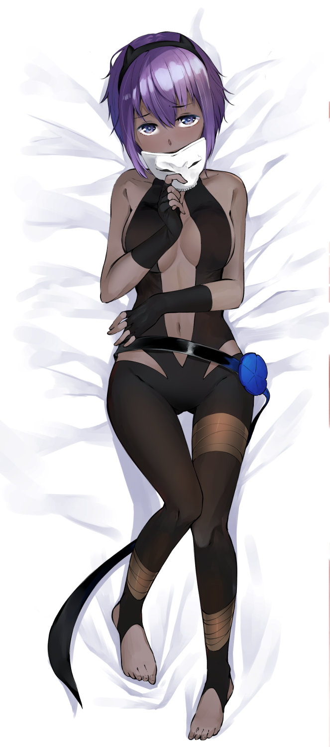 1girl, bare_arms, bare_shoulders, barefoot, bed, belt, black_pantyhose, bodysuit