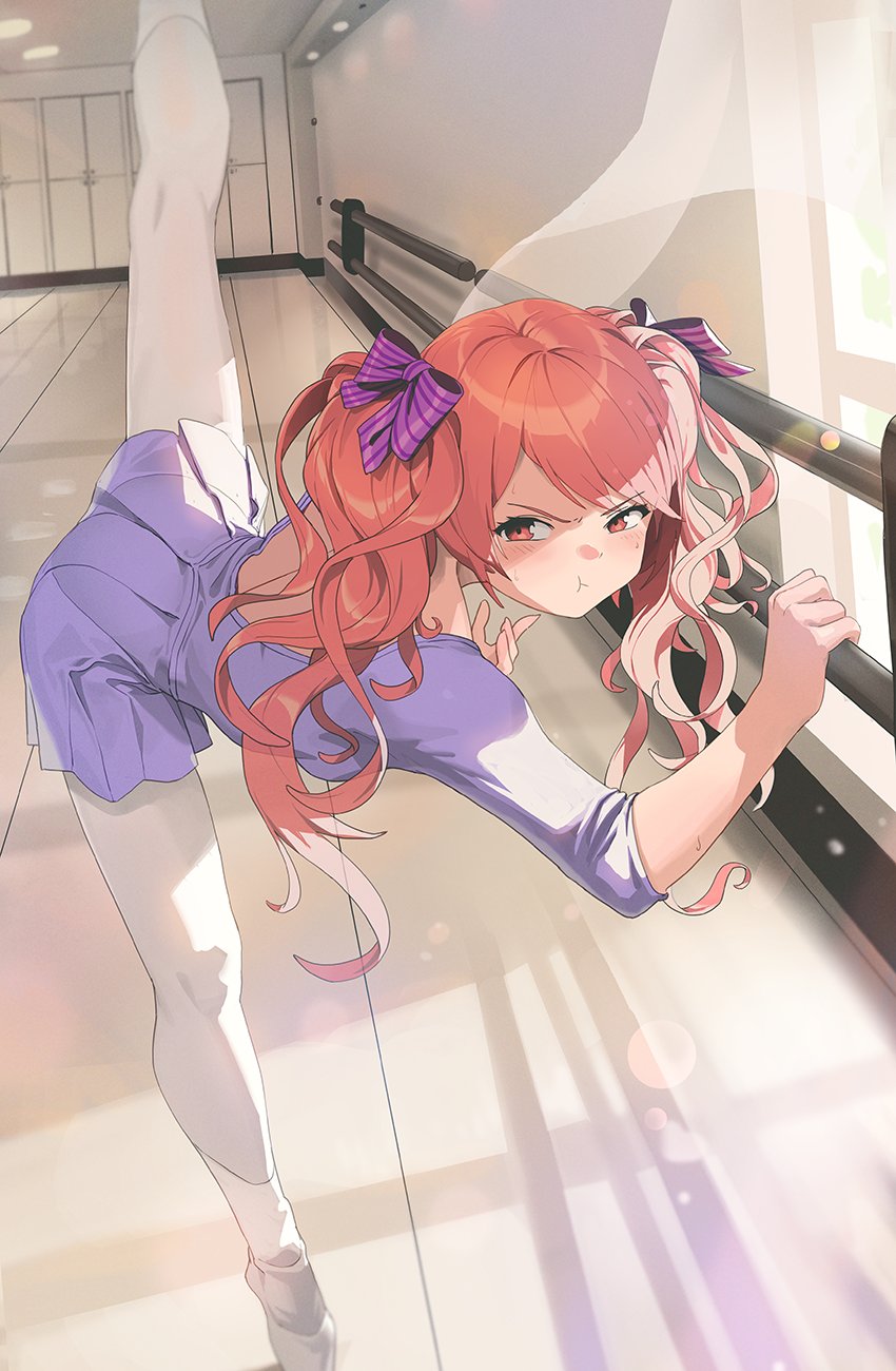 1girl, :t, ballet_class_clothes, ballet_slippers, bent_over, blush, closed_mouth, commentary_request