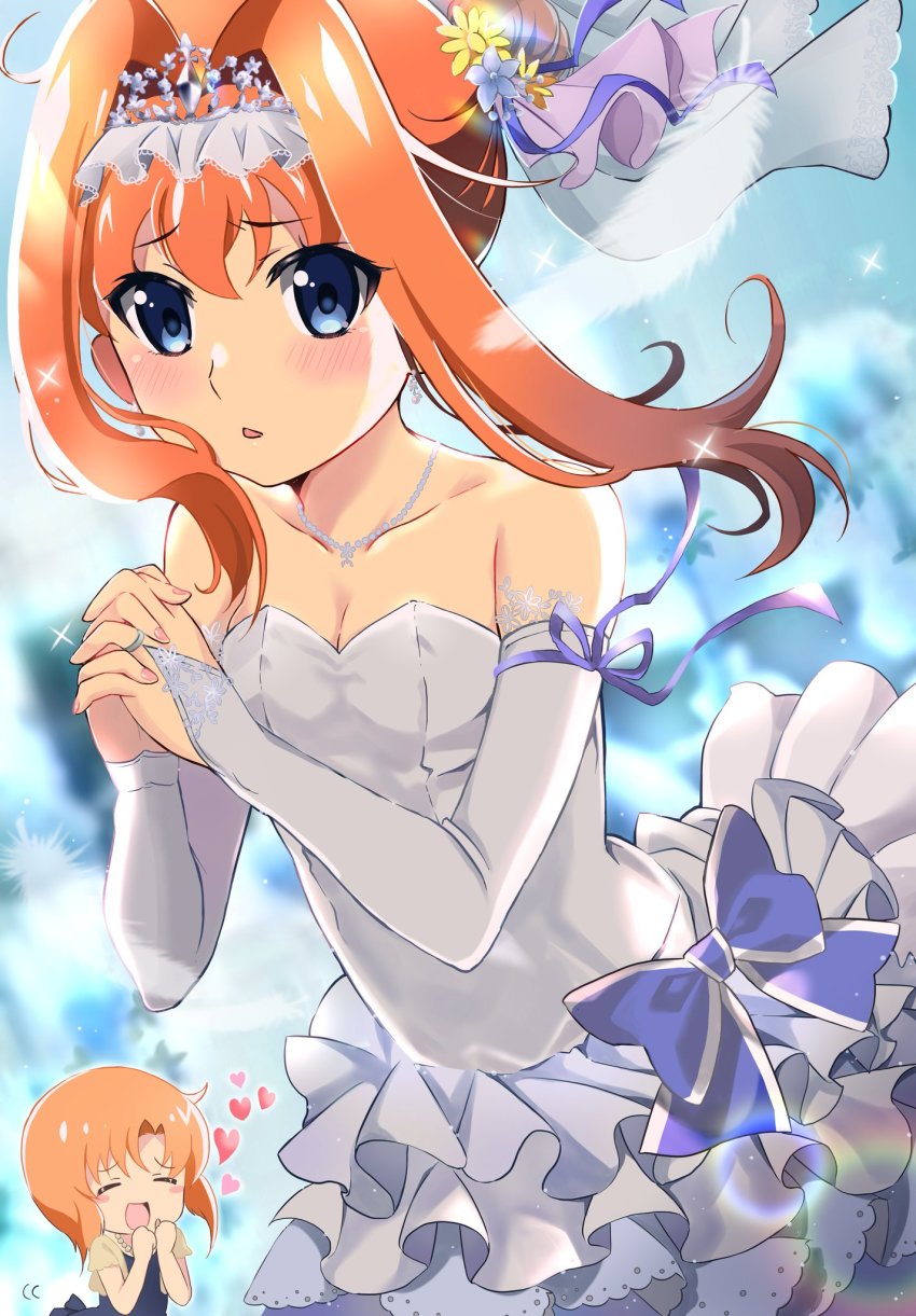 2girls, :d, alternate_hairstyle, bare_shoulders, blue_eyes, blurry, blurry_background, blush