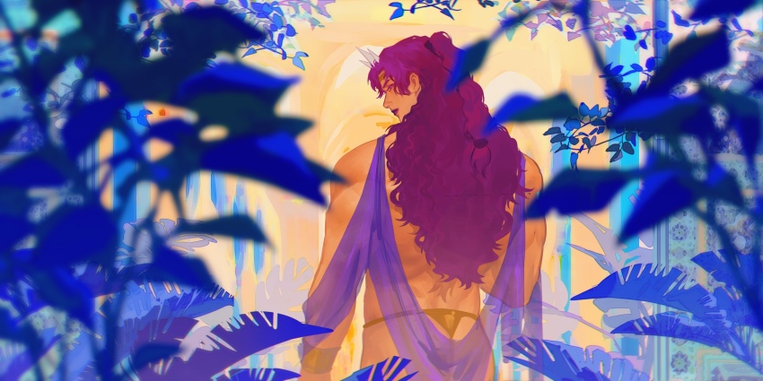 1boy, earrings, from_behind, highres, horns, jewelry, jojo_no_kimyou_na_bouken, kars_(jojo), long_hair, male_focus, muscular, muscular_male, purple_hair, purple_lips, qi_hui, revealing_clothes, satin, satin_sheets, solo, thong, wavy_hair