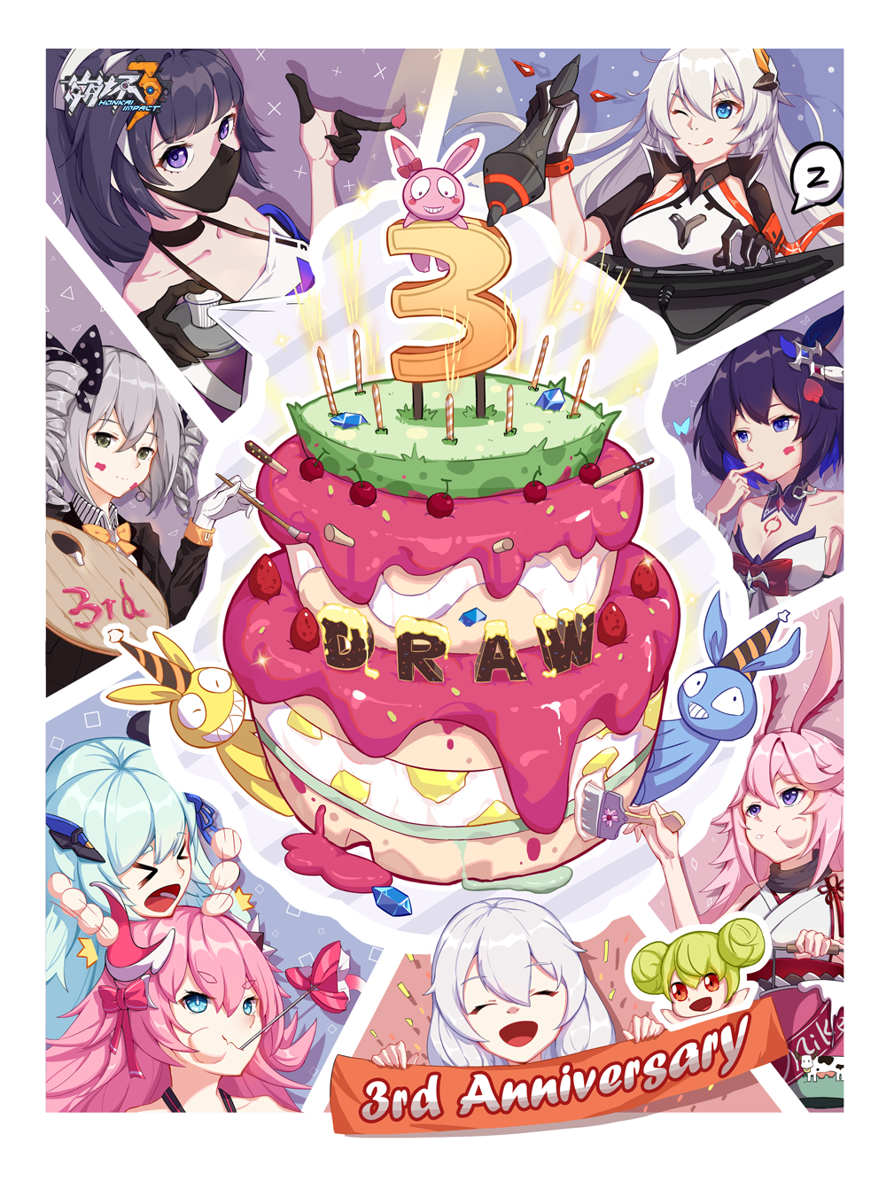 >_<, 6+girls, ai-chan_(honkai_impact), animal_ears, anniversary, bare_shoulders, black_gloves, blue_eyes
