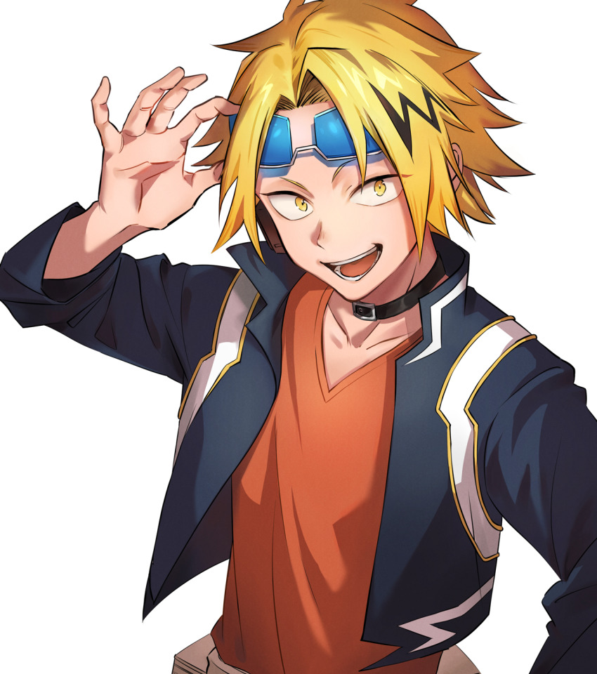 1boy, :d, adjusting_eyewear, belt, black_hair, black_jacket, blonde_hair, boku_no_hero_academia