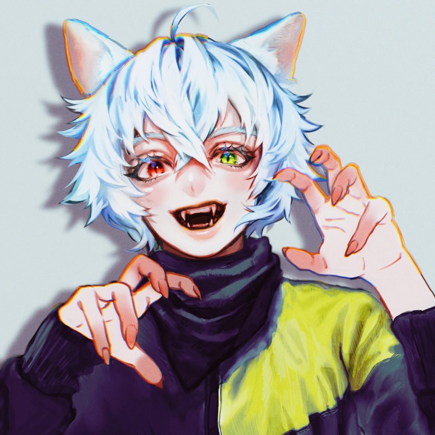 1boy, animal_ears, black_sweater, cat_boy, cat_ears, claw_pose, cowlick, crazy_raccoon