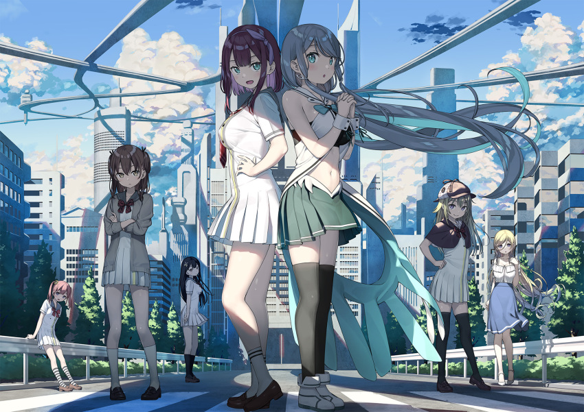 6+girls, :d, asakura_kirika, black_hair, black_legwear, blonde_hair, blue_eyes, blue_skirt, blue_sky, bow, breasts, brown_hair, building, city, cityscape, closed_mouth, cloud, cloudy_sky, crossed_arms, day, dress, hand_on_own_hip, hat, high-waist_skirt, high_heels, highres, kamisama_no_you_na_kimi_e, kannazuki_airi, kantoku, kokuhou_rein, lana_liddell-hart, loafers, long_hair, looking_at_viewer, midriff, multiple_girls, navel, official_art, open_mouth, outdoors, pleated_skirt, purple_eyes, ribbon, sailor_collar, school_uniform, serafuku, shirt, shoes, short_hair, short_sleeves, skirt, sky, skyscraper, sleeveless, smile, sonomura_hazuki, sophia_liddell-hart, standing, thighhighs, tsukuyomi_(kamikimi), twintails, very_long_hair, white_dress, white_skirt, wide_shot, yellow_eyes, zettai_ryouiki
