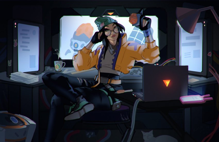 animification, beanie, belt, black_hair, cable, cat, cellphone, computer